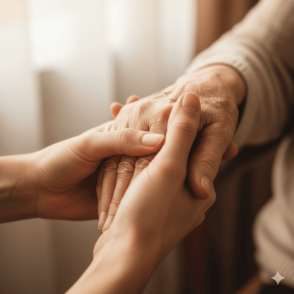 Mãos de um voluntário e de um idoso se segurando