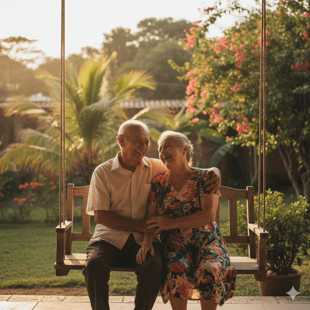 Casal de idosos sorrindo e se abraçando no jardim do LEAN
